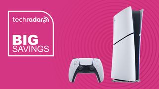 PS5 slim digital on a pink background with "Big Savings" text
