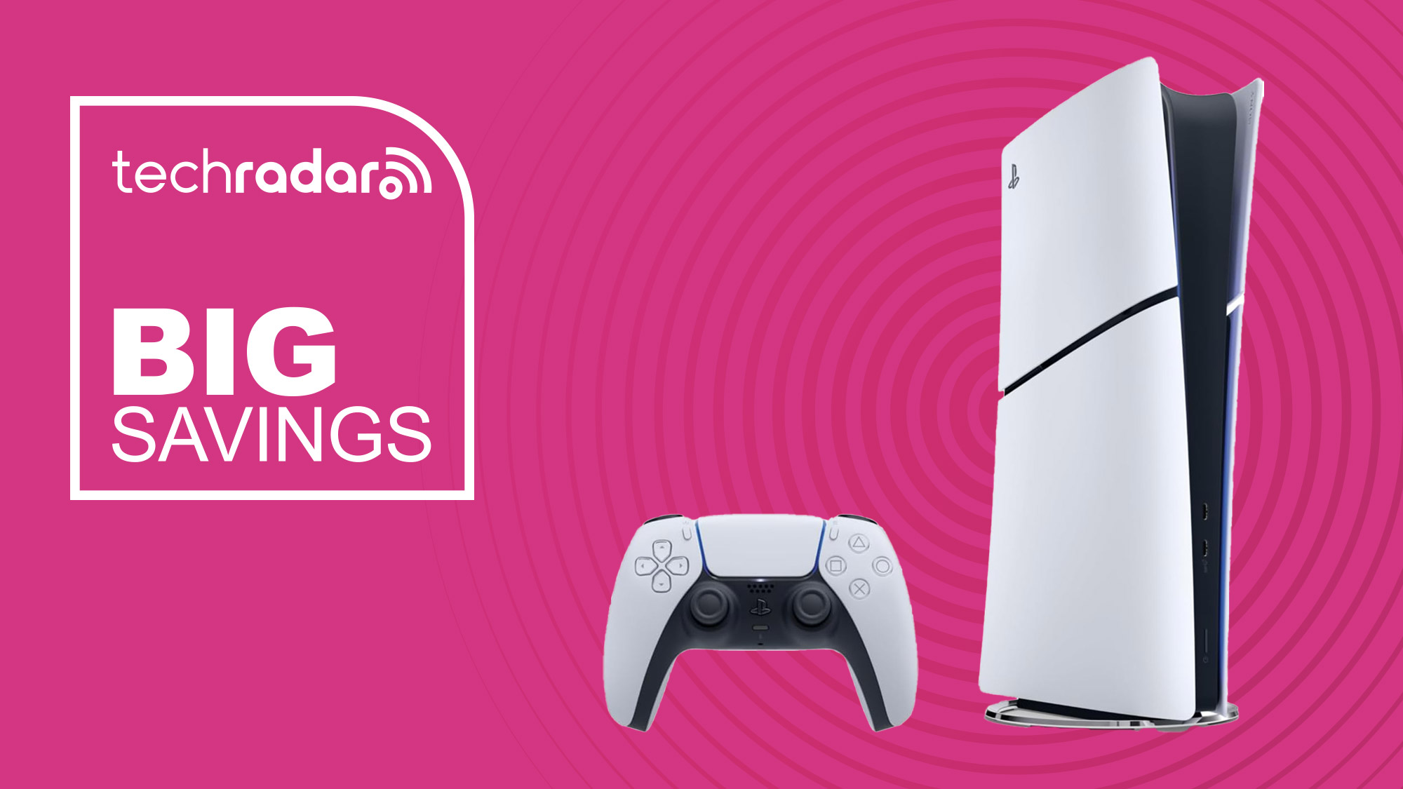 PS5 slim digital on a pink background with &quot;Big Savings&quot; text
