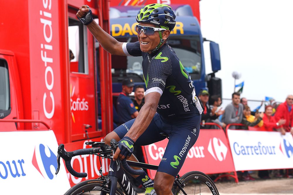 Nairo Quintana celebrates his stage 10 at the Vuelta a Espana.