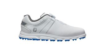 The stunning FootJoy Pro/SL Junior Shoes showing off their blue and white colorway