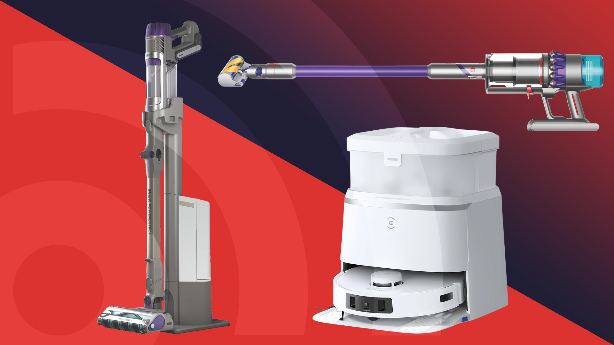 Three of the best vacuum cleaners from Shark, Dyson and Ecovacs on a red and blue background