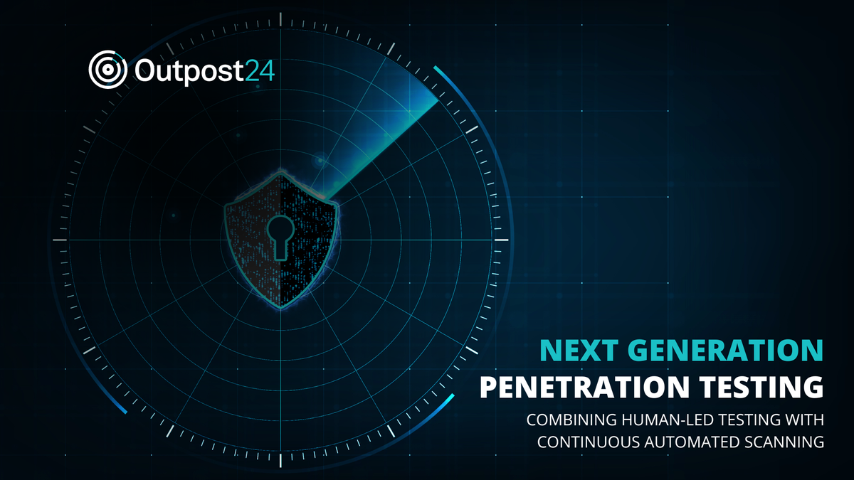 A CGI image of a blue shield on a black background with a keyhole in the middle. The text reads &quot;Outpost24 – Next generation penetration testing combining human-led testing with continuous automated scanning&quot;