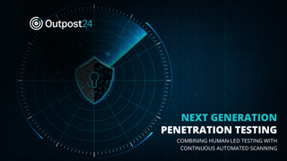 A CGI image of a blue shield on a black background with a keyhole in the middle. The text reads "Outpost24 – Next generation penetration testing combining human-led testing with continuous automated scanning"