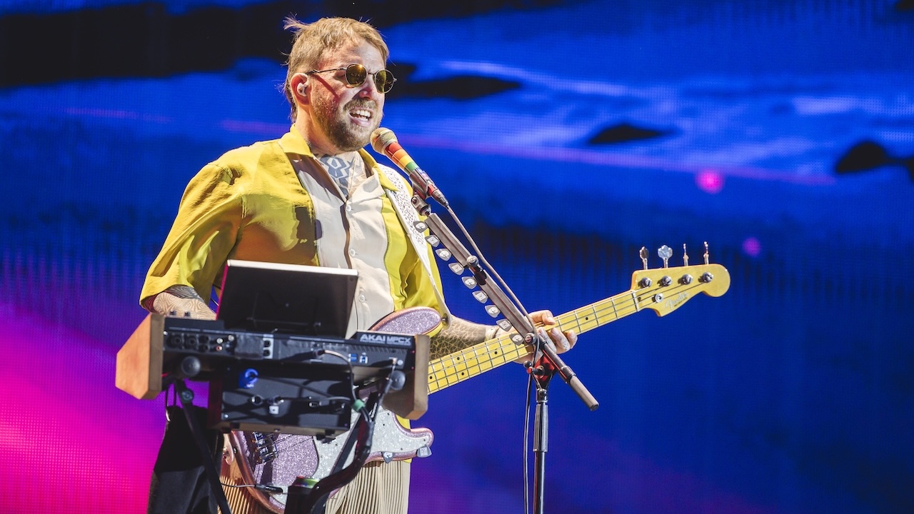 Ben McKee of Imagine Dragons performs onstage during a concert at Estadi Olimpic Lluis Companys on July 01, 2025 in Barcelona, Spain.