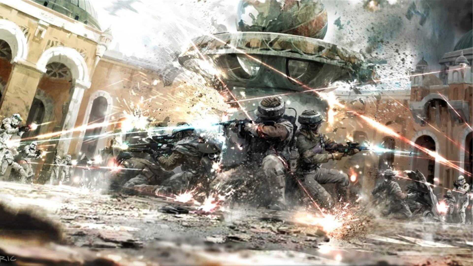 Star Wars Rebel soldiers taking cover behind a fountain from Stormtrooper fire