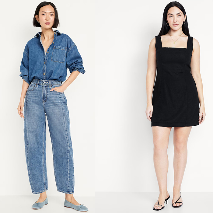 models wear double denim look, black mini dress look, chinos with striped top and red sweater over shoulders look