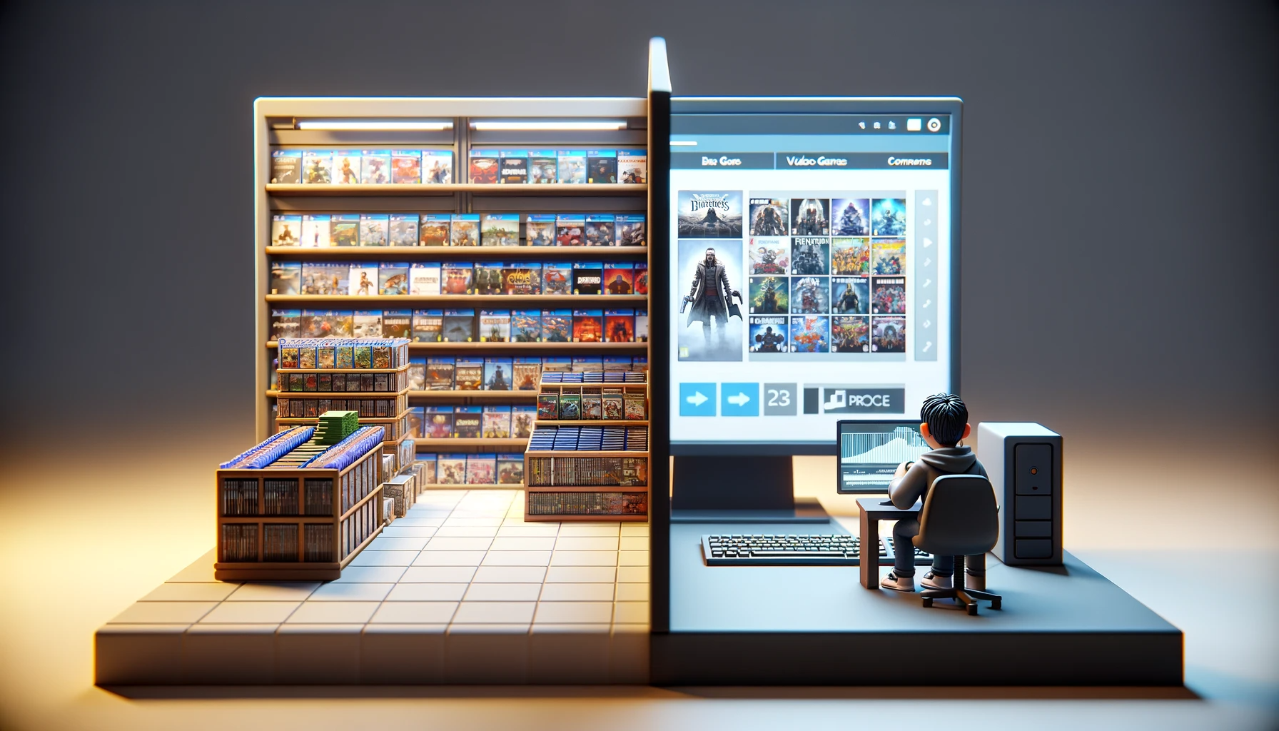  3D-rendered image featuring a split view showcasing a physical video game store and a digital game store interface 