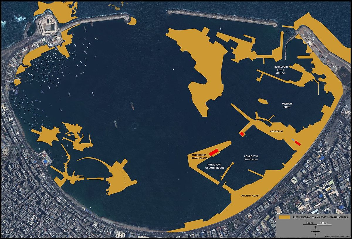 A digital map showing where ancient structures used to be at Alexandria's harbor.