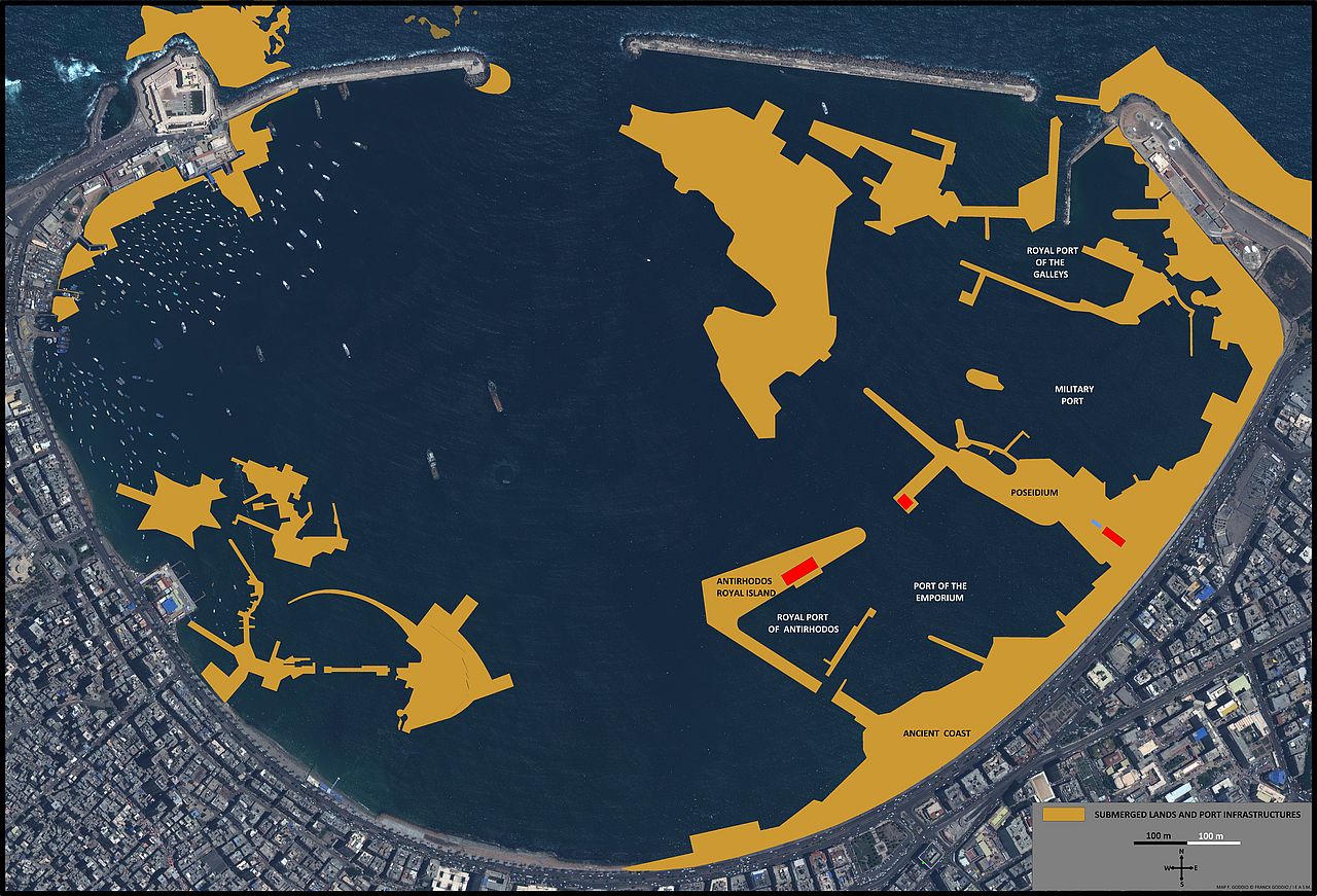 A digital map showing where ancient structures used to be at Alexandria's harbor.
