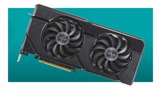 An Asus Radeon RX 7700 XT graphics card on a teal background with a white border