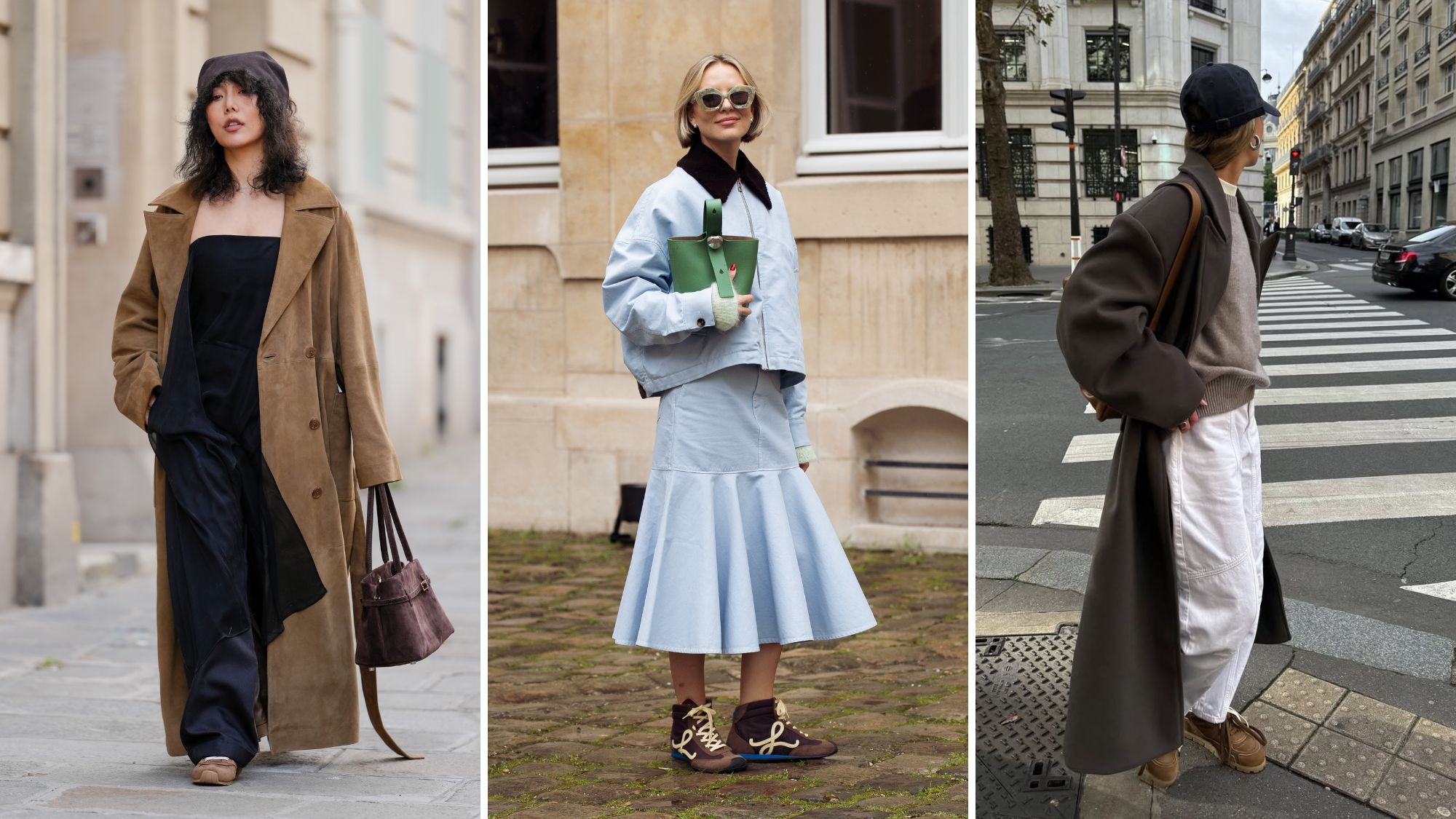 street style shots of influencers wearing the brown trainer trend