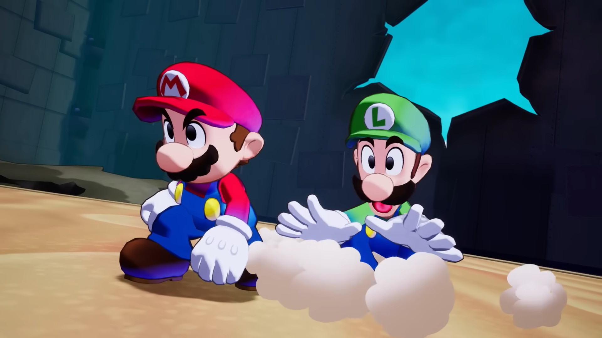 Mario standing at the ready and Luigi looking shocked at the dust around his feet after a jump during the RPG Mario &amp;amp; Luigi: Brothership
