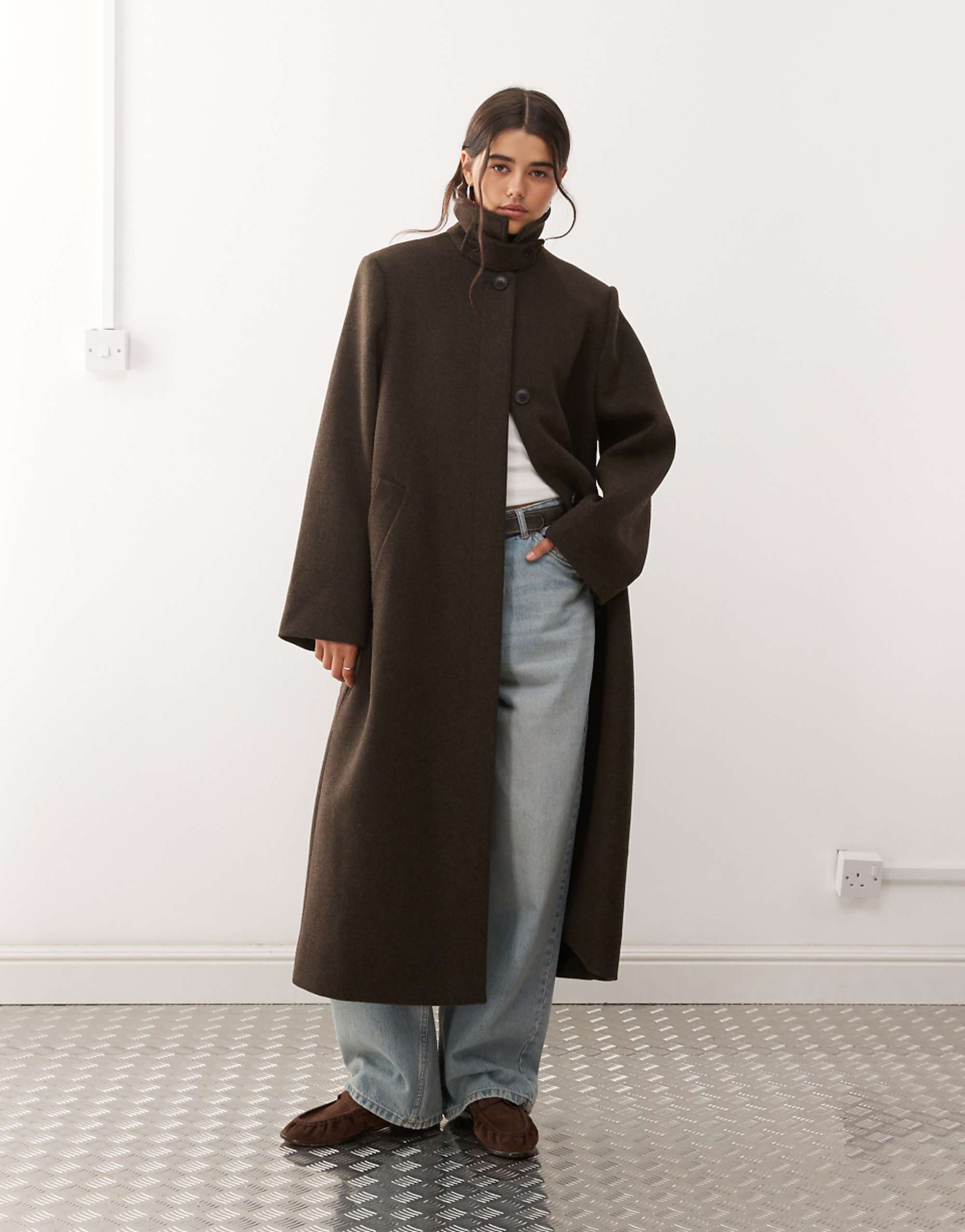 Weekday Wool Blend Car Coat in Dark Brown