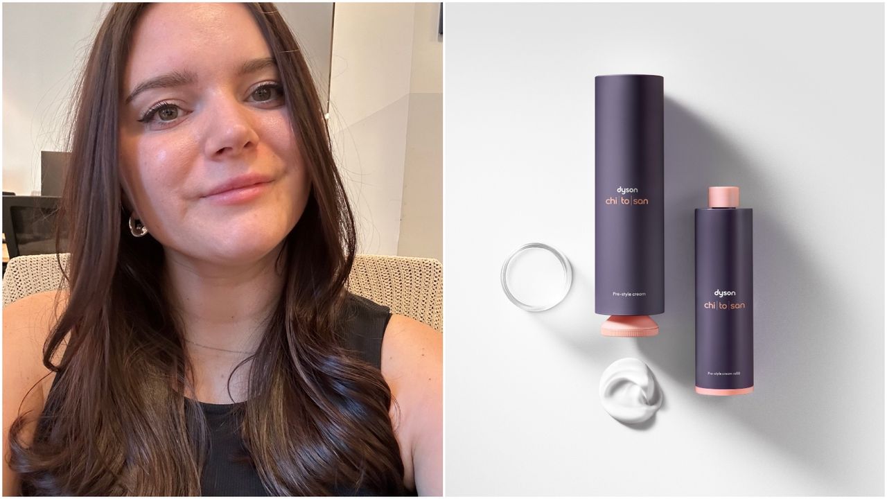 Split image of brooke knappenberger marie claire editor smiling with dyson chitosan pre-styling cream and refill with swatches on white background with shadow 