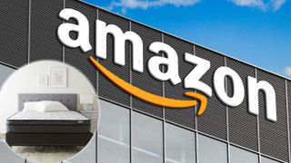 The Amazon logo on the side of an Amazon warehouse, in the bottom left corner, an imposed image of the Amazon Basics Premium Foam Eurotop Mattress included in the recall