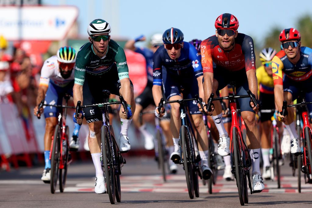BURRIANA SPAIN AUGUST 30 LR Kaden Groves of Australia and Team AlpecinDeceuninck and Filippo Ganna of Italy and Team INEOS Grenadiers crosses the finish line during the 78th Tour of Spain 2023 Stage 5 a 1846km stage from Burriana to Burriana UCIWT on August 30 2023 in Morella Spain Photo by Alexander HassensteinGetty Images