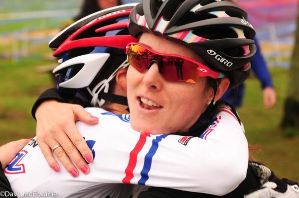 Helen Wyman (Kona) is congratulated by fellow British rider Gabby Day