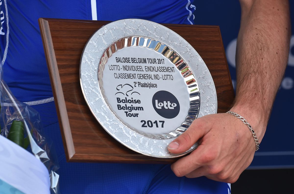R&eacute;mi Cavagna's (Quick-Step Floors) trophy fro his second place