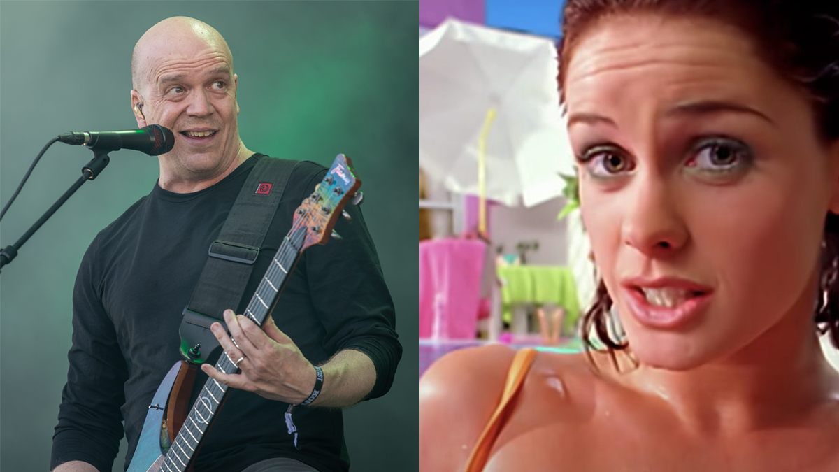 Devin Townsend performing on stage next to screen grab of Aqua&#039;s Barbie Girl video