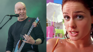 Devin Townsend performing on stage next to screen grab of Aqua's Barbie Girl video