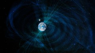 Artist's illustration showing Earth's magnetic field spreading into space.