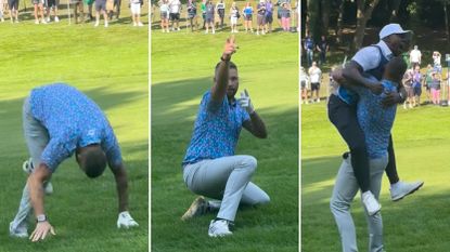 Side-by-side images of Tony Bellew celebrating his albatross in the BMW PGA Championship Celebrity Pro-Am