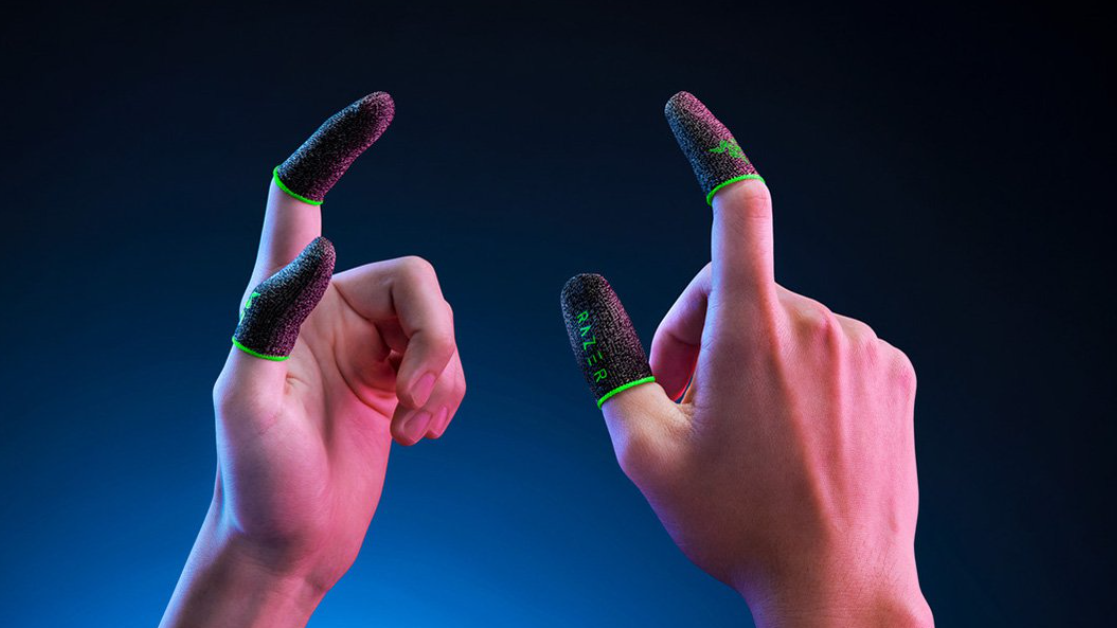 Gaming finger sleeves on the thumbs and index fingers on both hands.