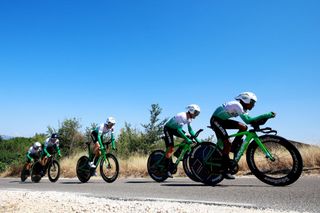 Caja Rural-Seguros RGA riders in action in a race in Spain in 2023