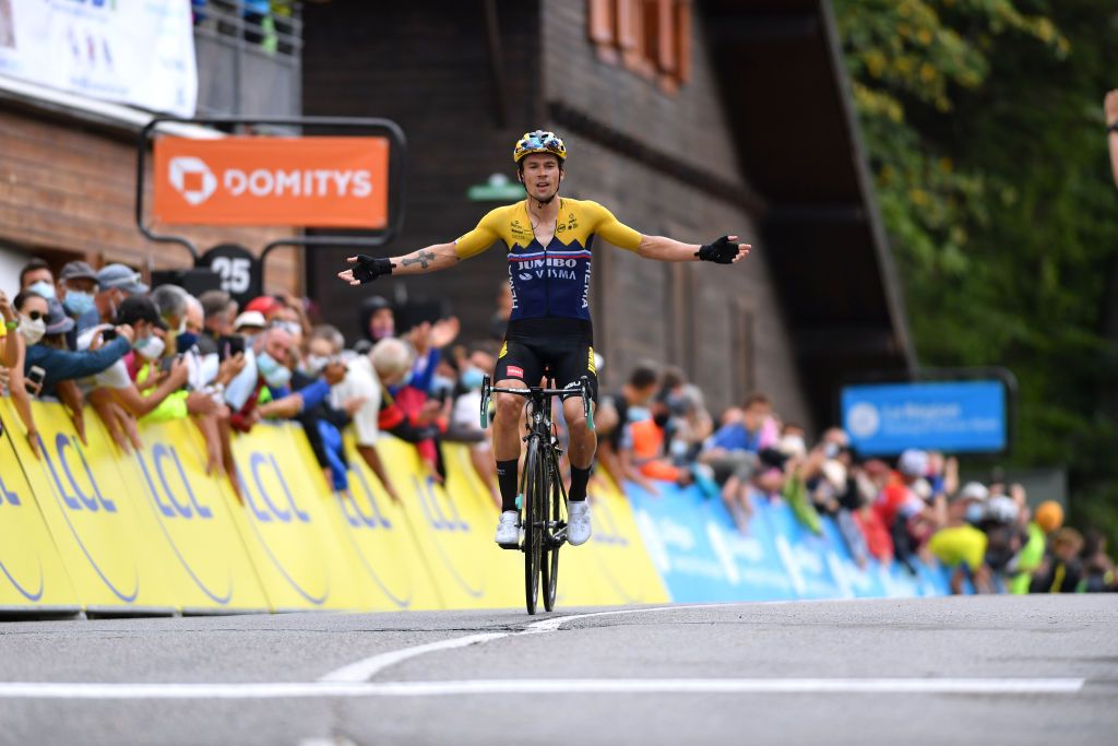CHARTREUSE FRANCE AUGUST 13 Arrival Primoz Roglic of Slovenia and Team Jumbo Visma Celebration during the 72nd Criterium du Dauphine 2020 Stage 2 a 135km stage from Vienne to Col de PorteChartreuse 1316m dauphine Dauphin on August 13 2020 in Chartreuse France Photo by Justin SetterfieldGetty Images