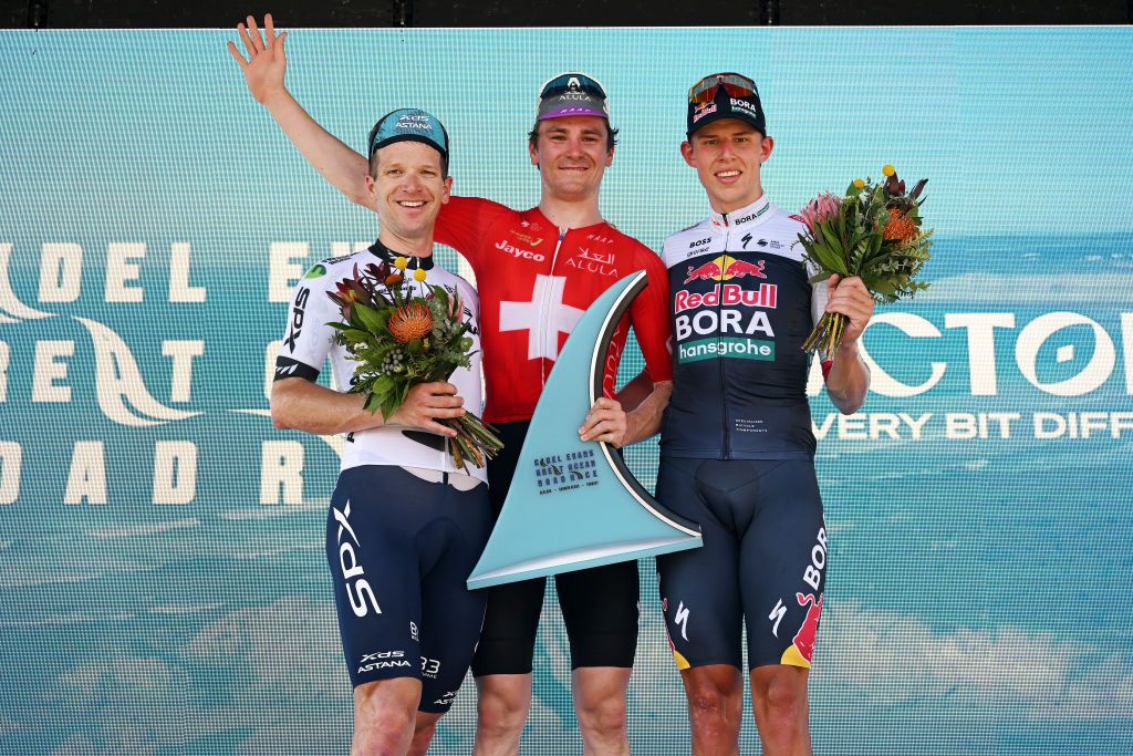 GEELONG AUSTRALIA FEBRUARY 02 LR Aaron Murray Gate of New Zealand and XDS Astana Team on second place race winner Mauro Schmid of Switzerland and Team Jayco AlUla and Laurence Pithie of New Zealand and Team Red Bull BORA hansgrohe on third place pose on the podium ceremony after the 9th Cadel Evans Great Ocean Road Race 2025 Mens Elite a 1838km one day race from Geelong to Geelong UCIWT on February 02 2025 in Geelong Australia Photo by Dario BelingheriGetty Images