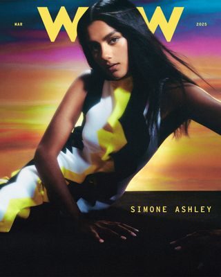 Simone Ashley on the cover of the WWW March Spring Issue wearing a black, white, and yellow Missoni dress.