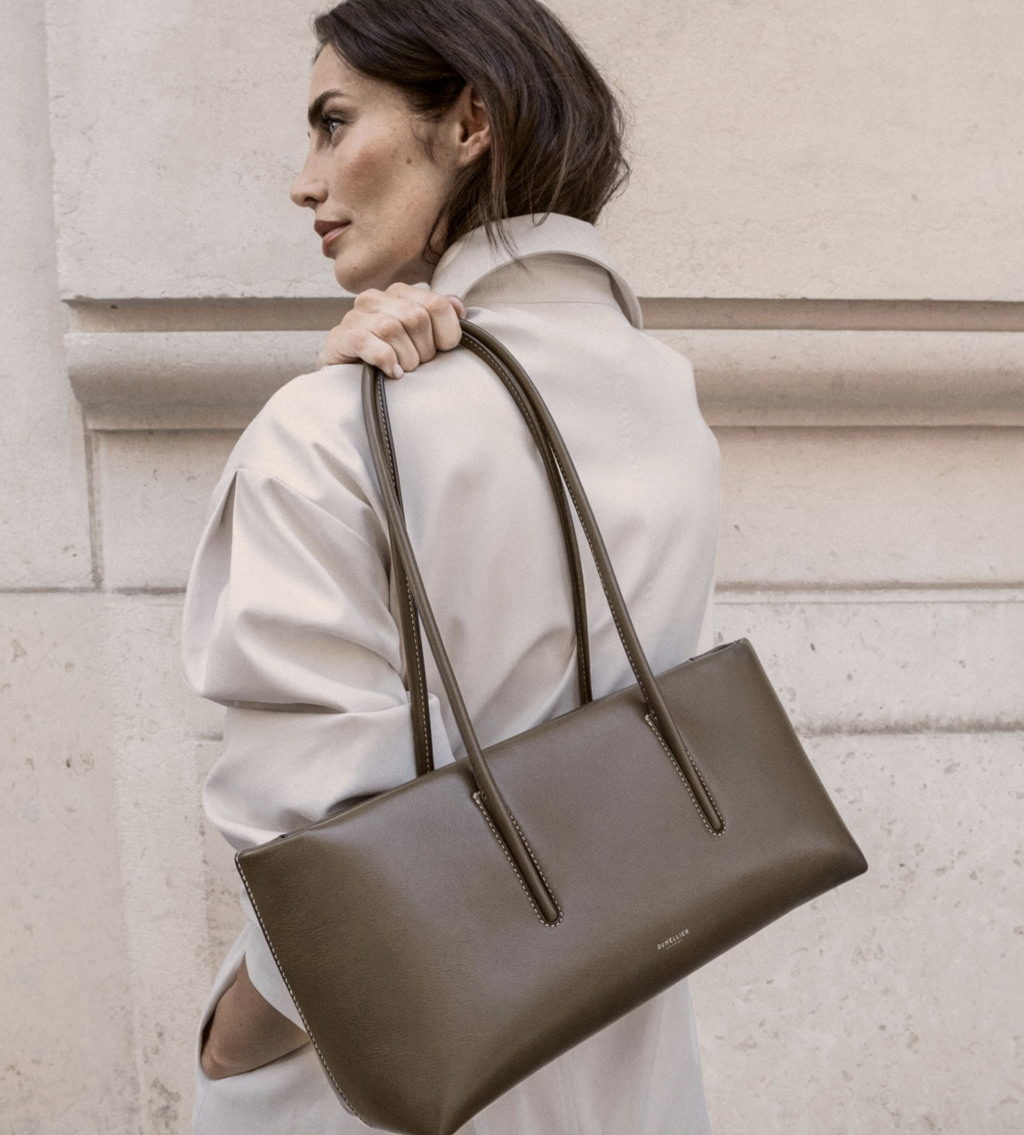 DeMellier, Rebecca Donaldson X the Stockholm Shoulder | Dark Sage Fine Grain Ecru Stitching | Demellier