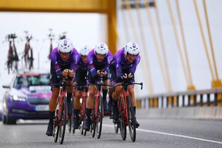 UTRECHT NETHERLANDS AUGUST 19 LR Jess Ezquerra Muela of Spain and Victor Langellotti of Monaco and Team Burgos BH sprint during the 77th Tour of Spain 2022 Stage 1 a 233km team time trial in Utrecht LaVuelta22 WorldTour on August 19 2022 in Utrecht Netherlands Photo by Tim de WaeleGetty Images