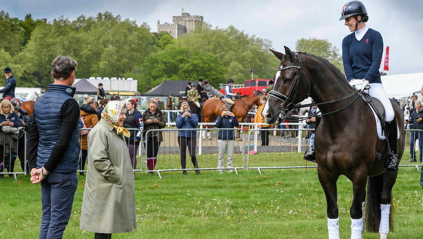 Her Majesty The Queen meeting Valegro, Carl Hester and Charlotte Dujardin during the Royal Windsor Horse Show held in the private grounds of Windsor Castle in Berkshire in the UK between on 8th-12th May 2019