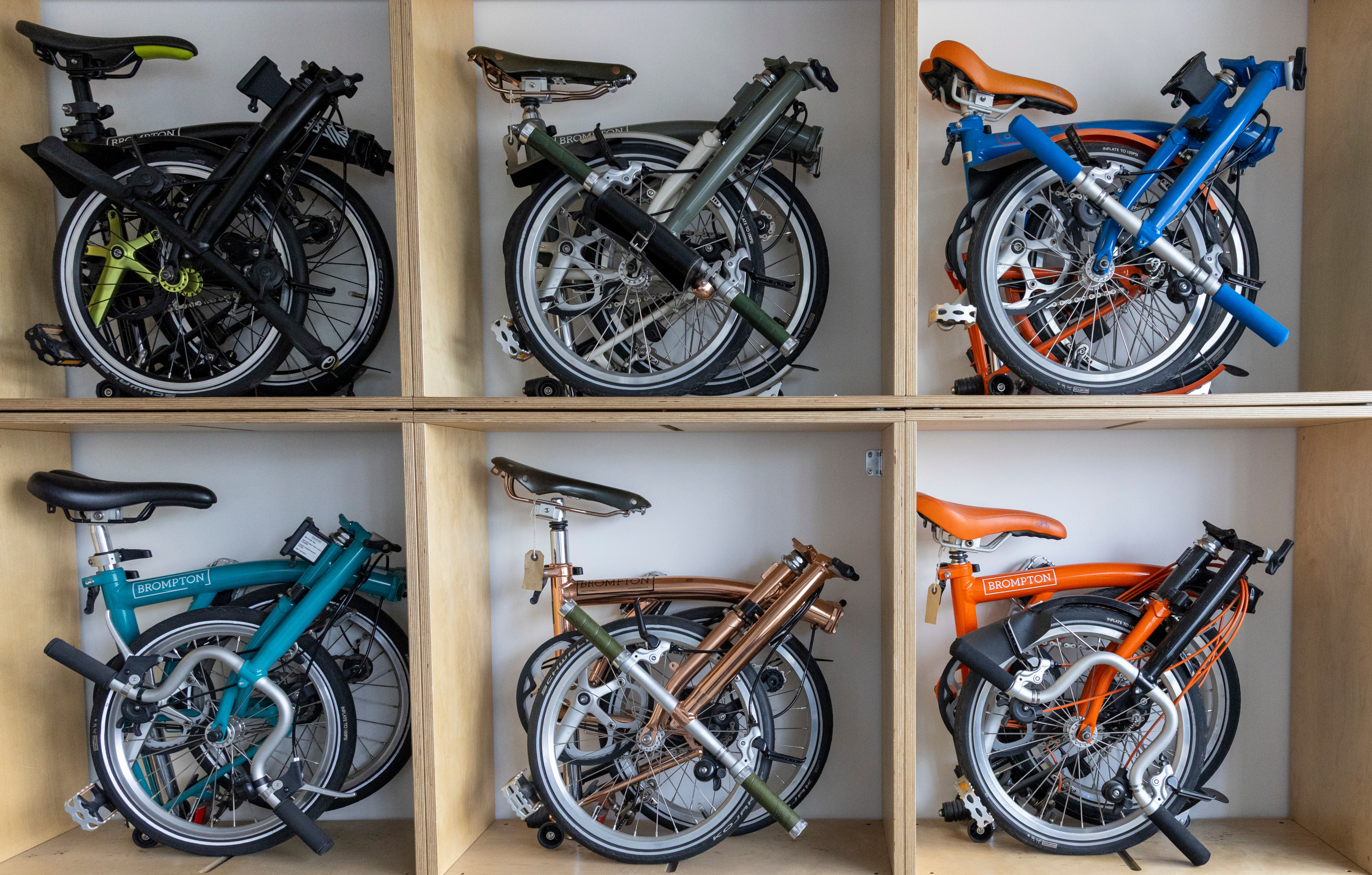 Colour choice: folded Bromptons on show at the factory