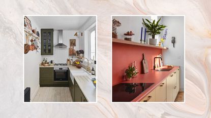 A duo of kitchen countetops covered with various finishes on beige marble vector background