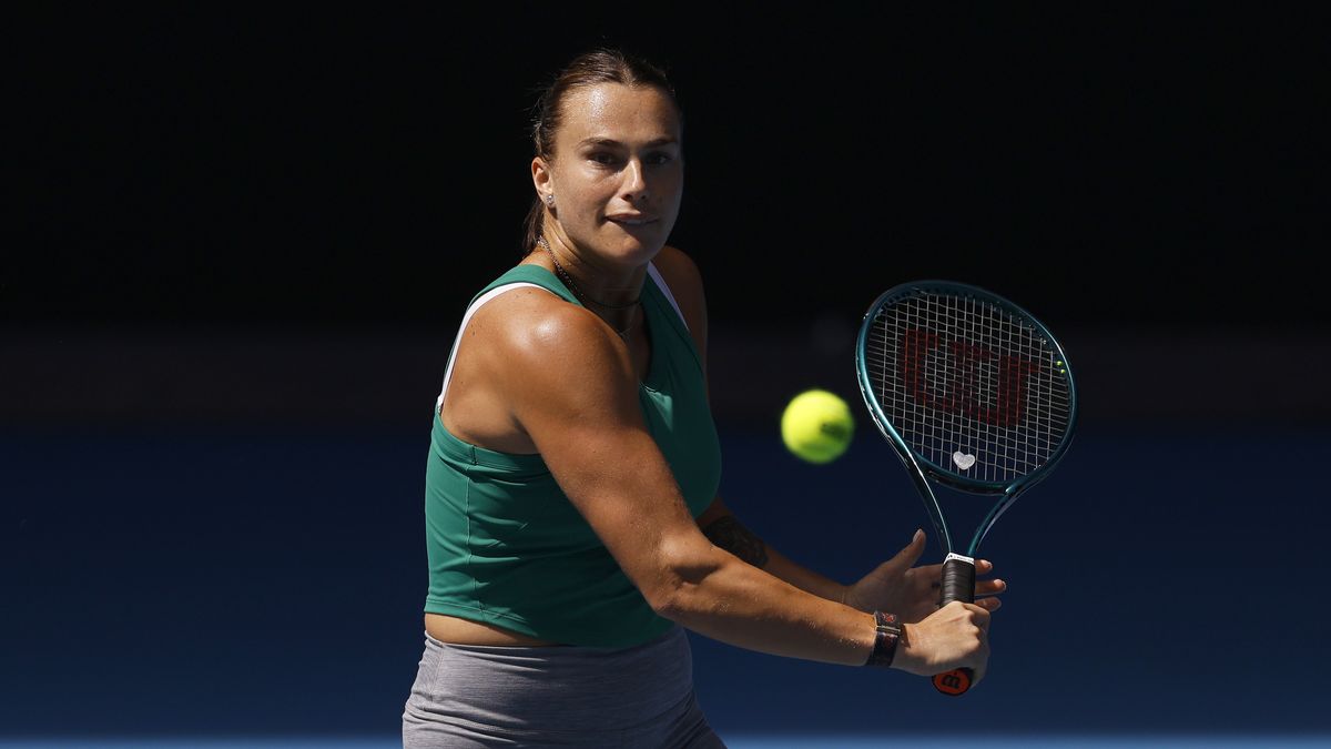 Aryna Sabalenka of Belarus plays a backhand during a practice session ahead of the 2025 Australian Open at Melbourne Park on January 10, 2025 in Melbourne, Australia. 