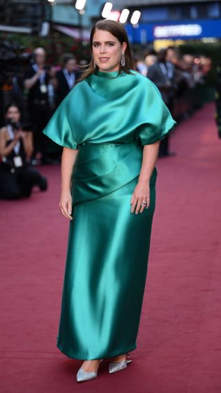 Princess Eugenie's draped teal gown, London, 2023