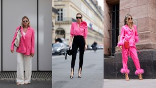 A composite of street style influencers wearing the best tops for Barbiecore trend