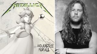 Metallica and a mock-up of ...And Justice For All with Princess Peach as Lady Justice