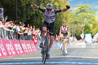 MONTALCINO ITALY MAY 19 Mauro Schmid of Switzerland and Team Qhubeka Assos celebrates at arrival during the 104th Giro dItalia 2021 Stage 12 a 162km stage from Perugia to Montalcino 554m girodiitalia UCIworldtour Giro on May 19 2021 in Montalcino Italy Photo by Stuart FranklinGetty Images