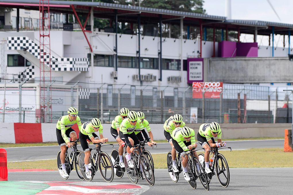 Trek-Segafredo practice their team time trial on an auto circuit in Zolder