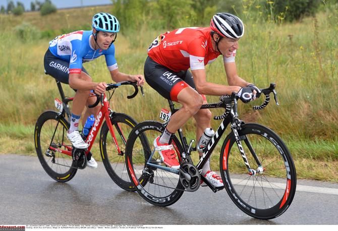 Breakaway riders Jack Bauer (Garmin-Sharp) and Martin Elmiger (IAM Cycling)