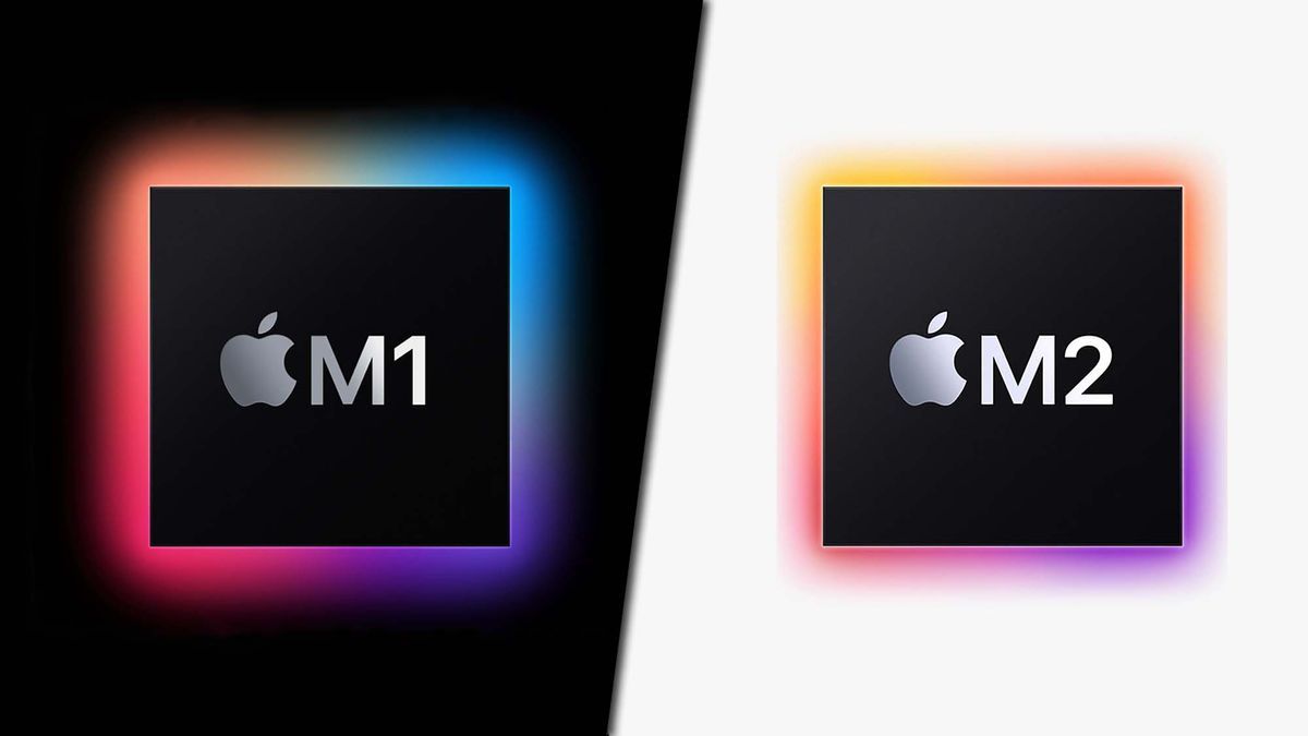 The Apple M1 vs M2 logos over a black and white bifurcated background