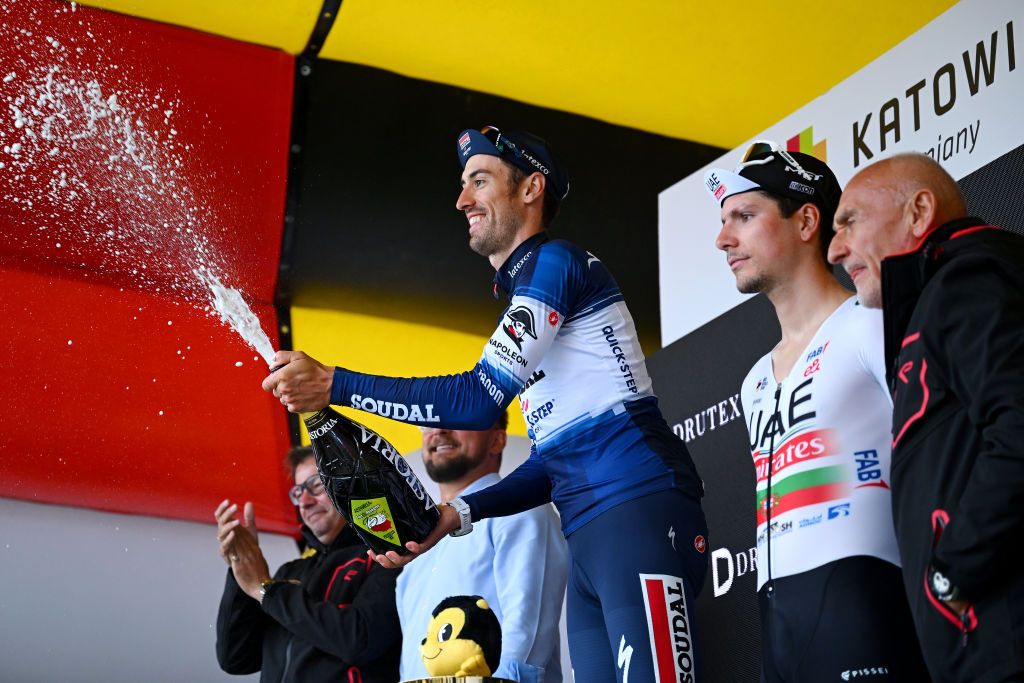 Mattia Cattaneo (Soudal-Quick Step) celebrates on the podium as stage 6 winner