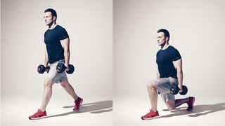 Man demonstrates two positions of the split squat holding dumbbells