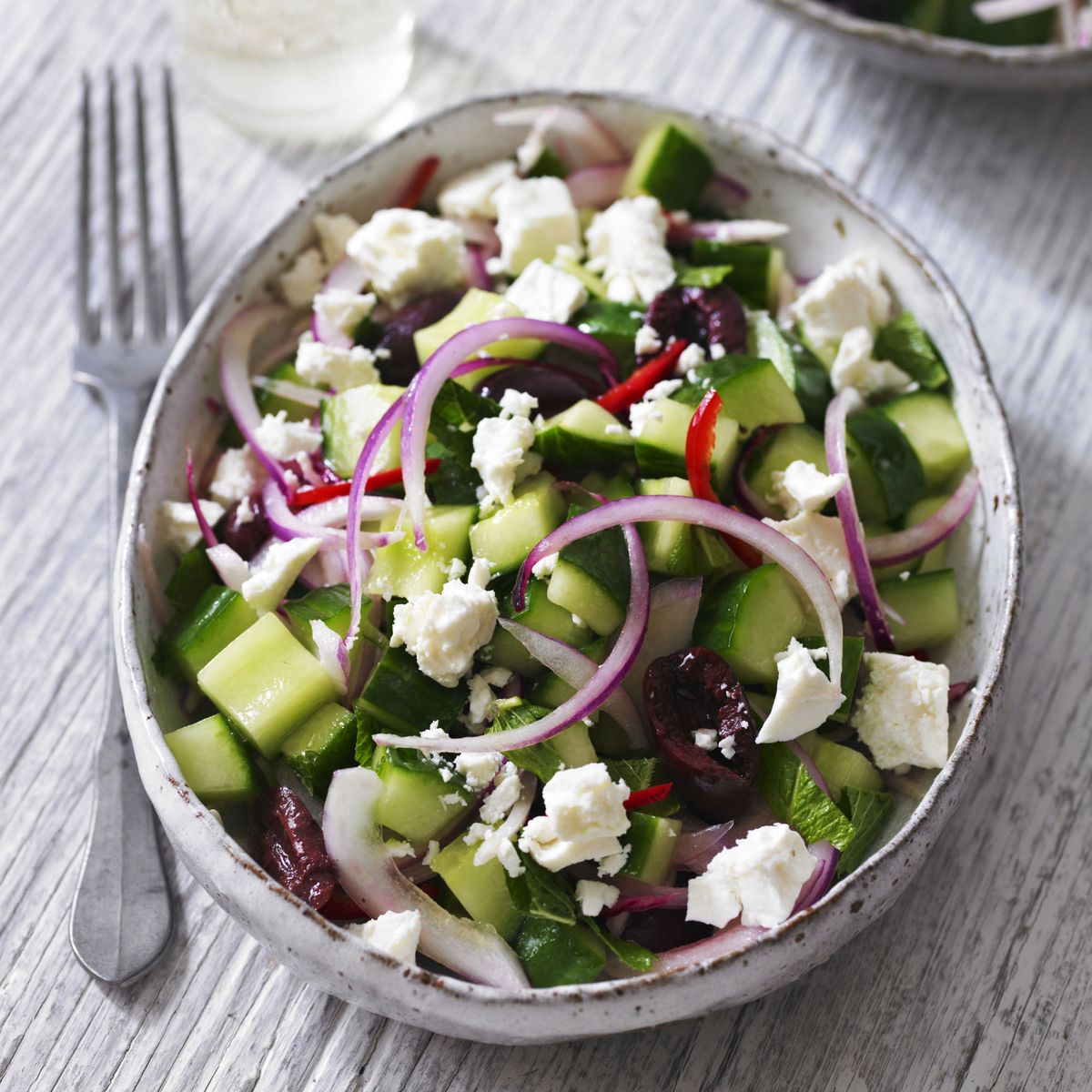 Cucumber Salad with Feta, Black Olives and Mint.