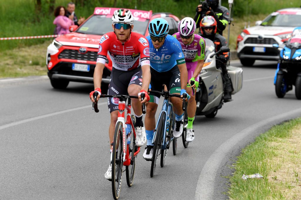 NOVARA ITALY MAY 09 Filippo Tagliani of Italy and Team Androni Giocattoli Sidermec Vincenzo Albanese of Italy and EOLOKOMETA Cycling Team Umberto Marengo of Italy and Bardiani CSF Faizan Pro Team on breakaway during the 104th Giro dItalia 2021 Stage 2 a 179km stage from Stupinigi Nichelino to Novara girodiitalia Giro UCIworldtour on May 09 2021 in Novara Italy Photo by Tim de WaeleGetty Images