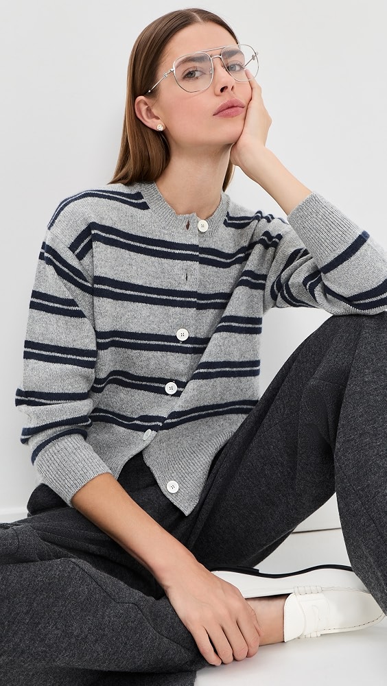 The Ada Stripe Cardigan - Flannel Grey W/ Dark Navy Stripe