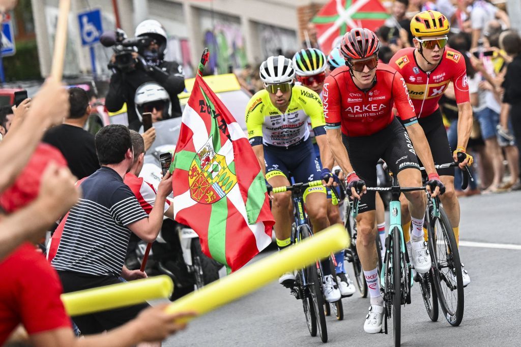 French Simon Guglielmi of ArkeaSamsic Danish Jonas Gregaard Wilsly of UnoX Pro Cycling Team riders and French Lilian Calmejane of Intermarche Circus Wanty pictured in action during the first stage of the Tour de France cycling race a 182 km race from Bilbao to Bilbao Spain Saturday 01 July 2023 This years Tour de France takes place from 01 to 23 July 2023 BELGA PHOTO JASPER JACOBS Photo by JASPER JACOBS BELGA MAG Belga via AFP Photo by JASPER JACOBSBELGA MAGAFP via Getty Images